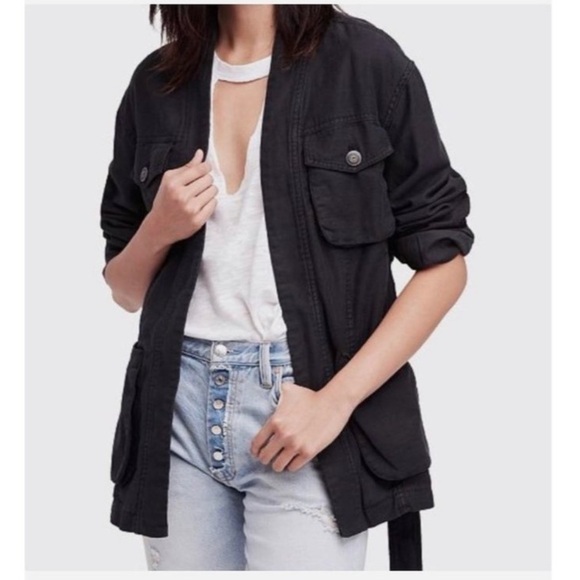 {EUC Free People In Our Nature Washed Black Tie Waist Cargo Jacket Medium} - Picture 3 of 13